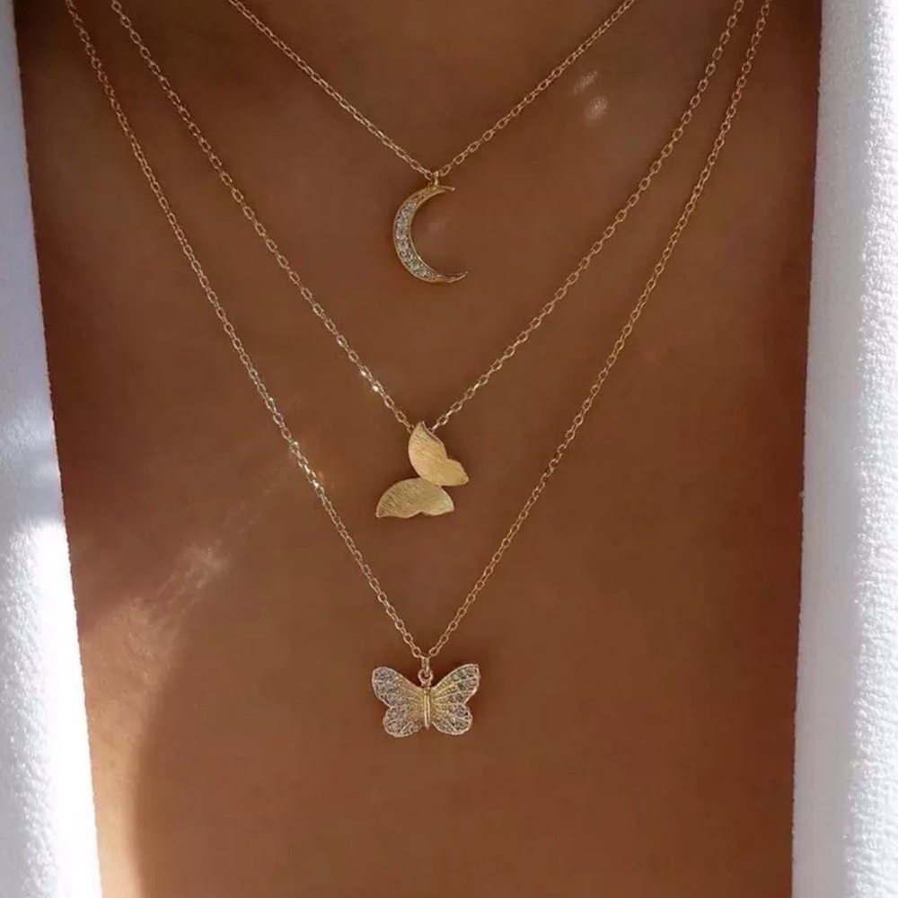 Rhinestone Moon & Butterfly Layered Necklace